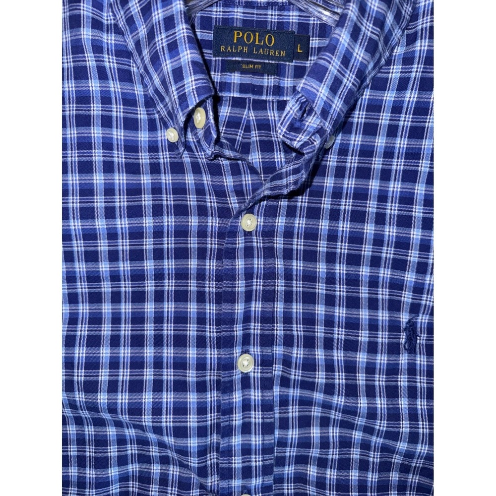 Polo Ralph Lauren Mens Slim Fit Blue Plaid Shirt Size Large Preppy Ivy League